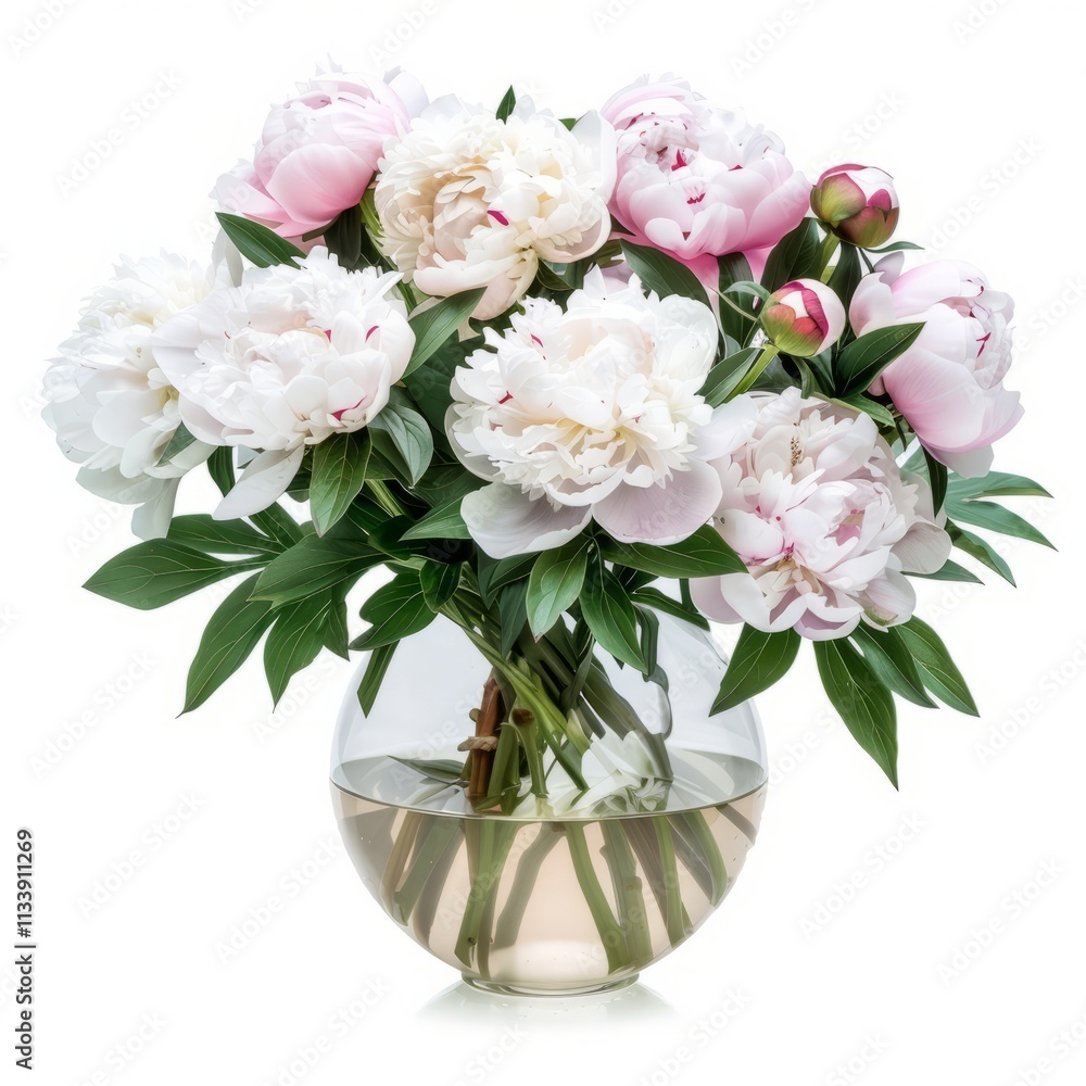 A beautiful peony bouquet in a vase, isolated in white, white background A beautiful peony bouquet in a vase, isolated in white, white background