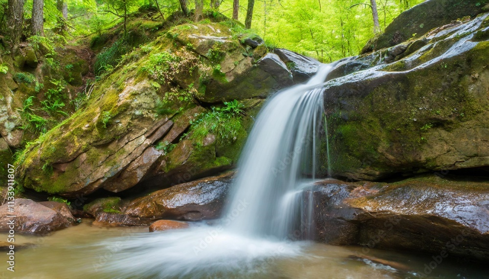 Fototapeta premium Crystal Clear Waterfall Cascading Over Jagged Rocks in Hidden Forest Valley