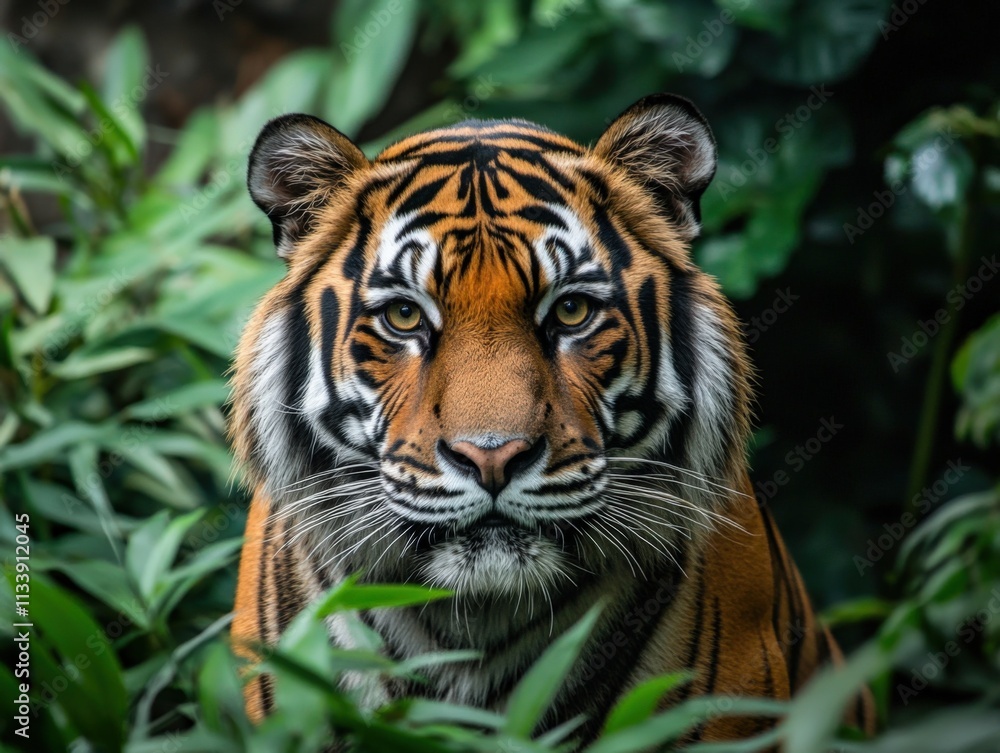 Naklejka premium majestic tiger resting in lush greenery