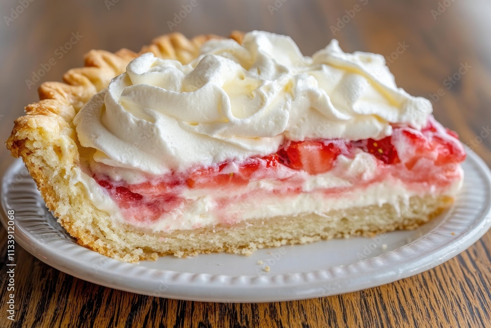 Creamy Dollop of Whipped Topping on a Slice of Fresh Strawberry Cake Set Against a Rustic Wooden Table in Natural Light Creamy Dollop of Whipped Topping on a Slice of Fresh Strawberry Cake Set Against a Rustic Wooden Table in Natural Light