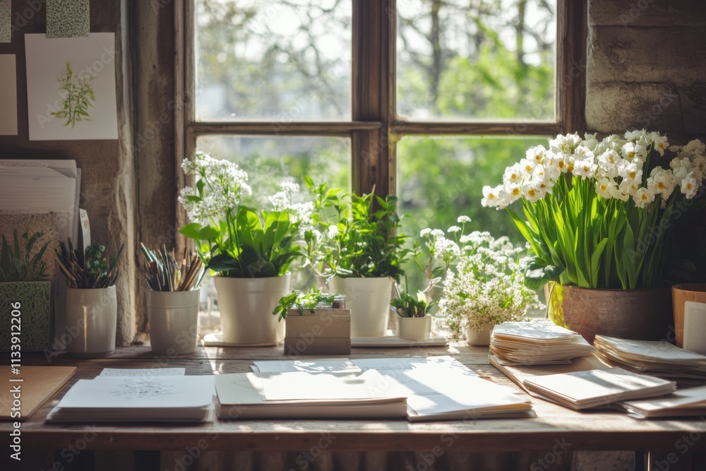 Spring garden planning desk setup, window light, paper texture details, with copy space Spring garden planning desk setup, window light, paper texture details, with copy space