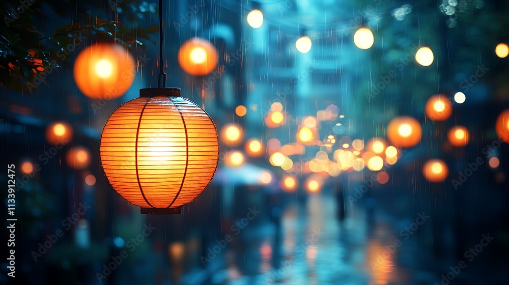 Illuminated Paper Lantern Hanging In Raining City Street Illuminated Paper Lantern Hanging In Raining City Street