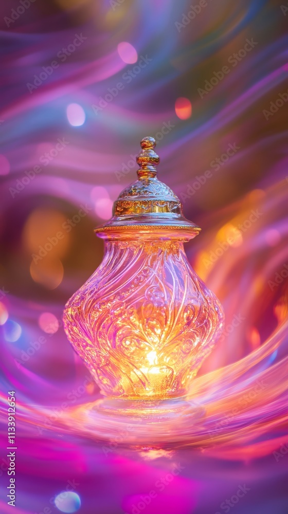 A lit glass lantern with a warm glow sits on a shimmering purple and pink fabric. A lit glass lantern with a warm glow sits on a shimmering purple and pink fabric.