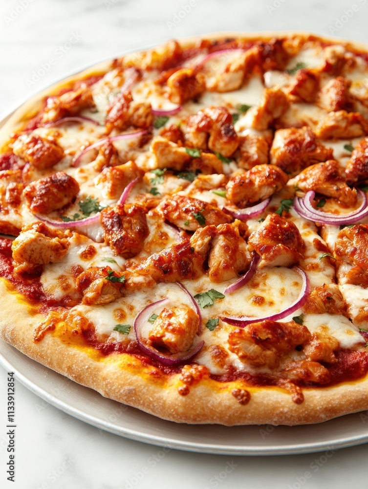 A delicious pizza topped with chicken, onions, and cheese, served on a round plate. A delicious pizza topped with chicken, onions, and cheese, served on a round plate.