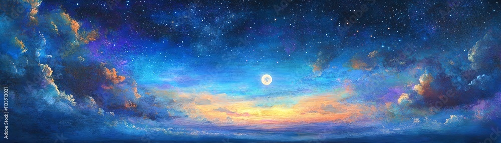 Vibrant sunset sky with stars and clouds in a stunning panoramic view. Vibrant sunset sky with stars and clouds in a stunning panoramic view.