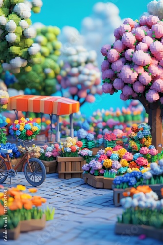 A low-poly flower stand with colorful blossoms and a bicycle parked in front, set against a blue sky with fluffy clouds. photo