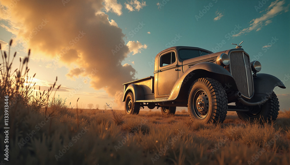 Fototapeta premium Vintage pickup truck parked in a golden field at sunset