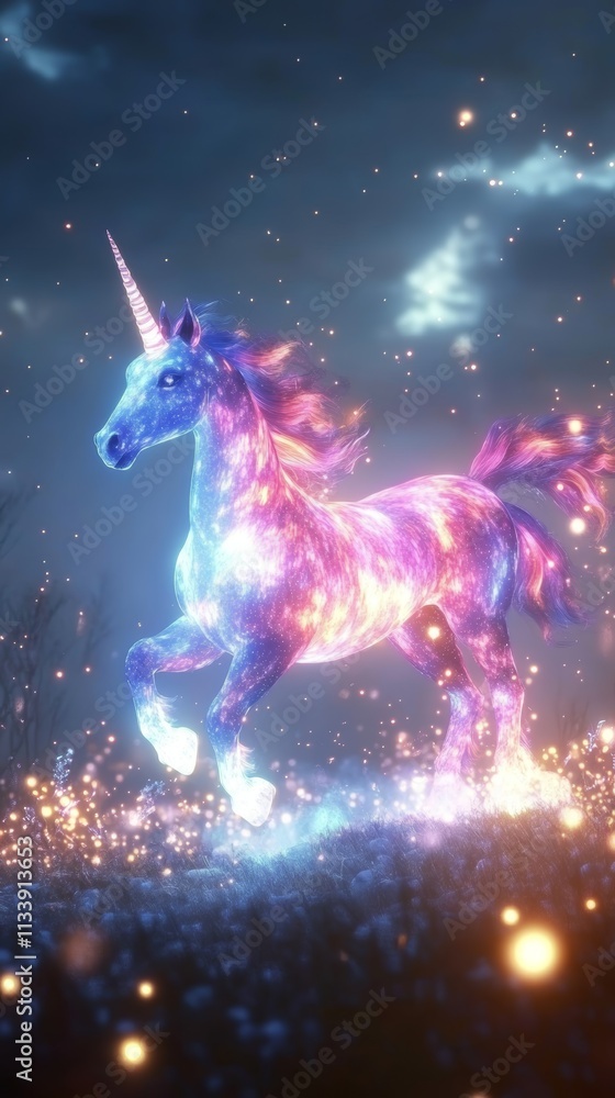Fototapeta premium A magical unicorn gallops through a field of twinkling lights, its mane and body glowing with a celestial aura.