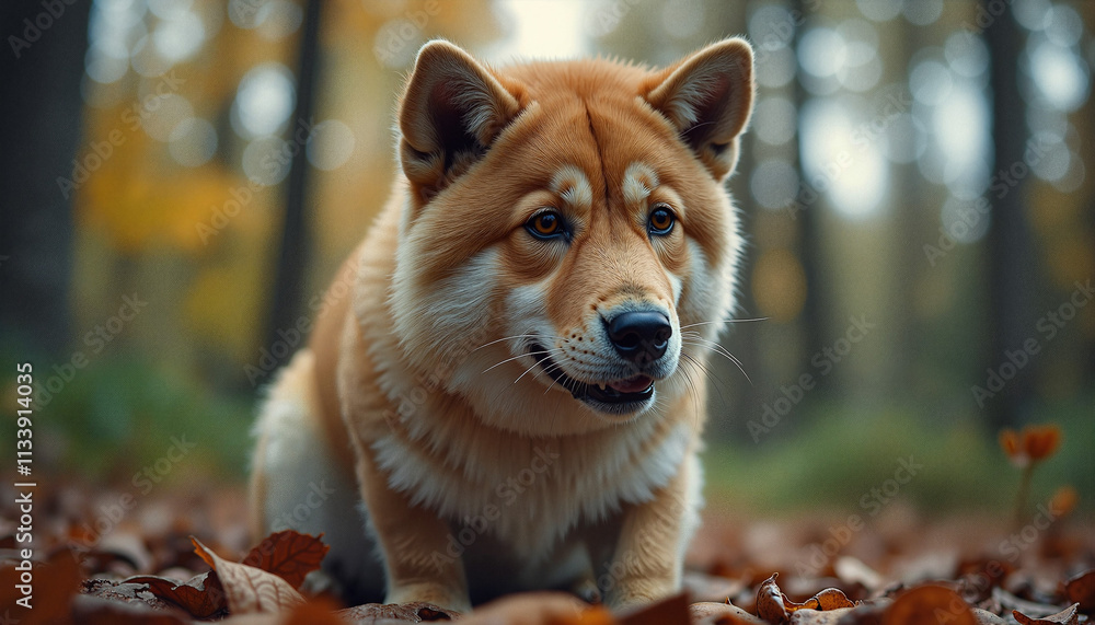 Adorable Shiba Inu dog in an autumn forest with fallen leaves Adorable Shiba Inu dog in an autumn forest with fallen leaves