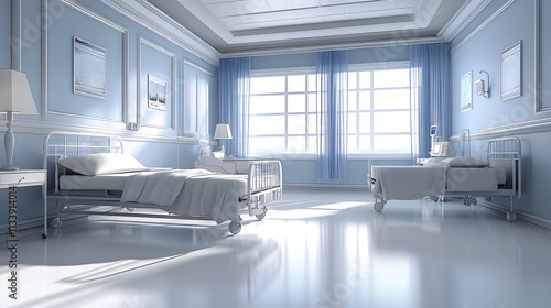 Sunlit hospital room with two beds, light blue walls, and shiny floors.