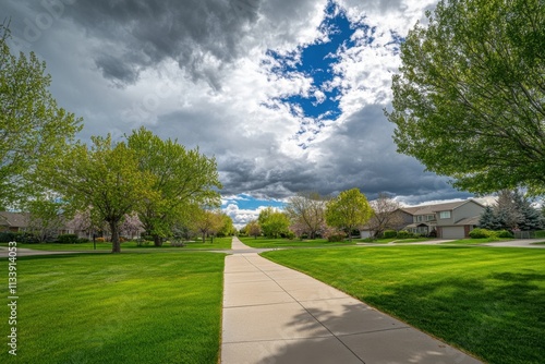 Spring storm clouds approaching, dramatic natural light, cloud structure details, with copy space photo