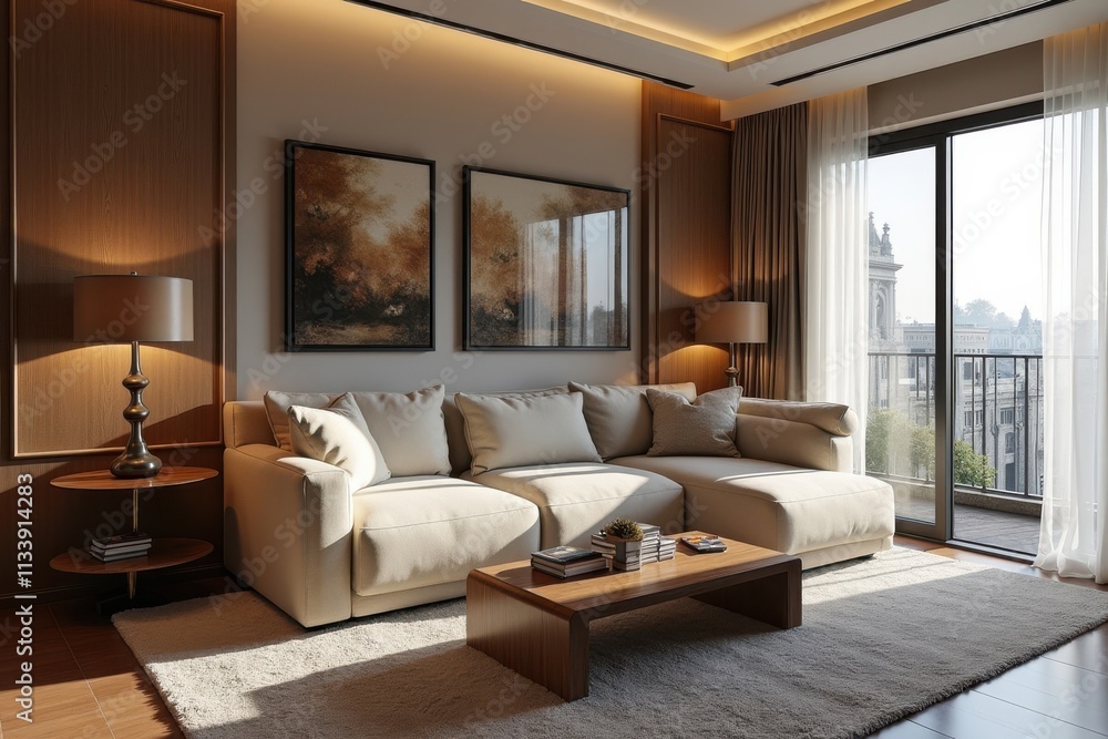 Modern Living Room with Cozy Sofa and Scenic View Modern Living Room with Cozy Sofa and Scenic View