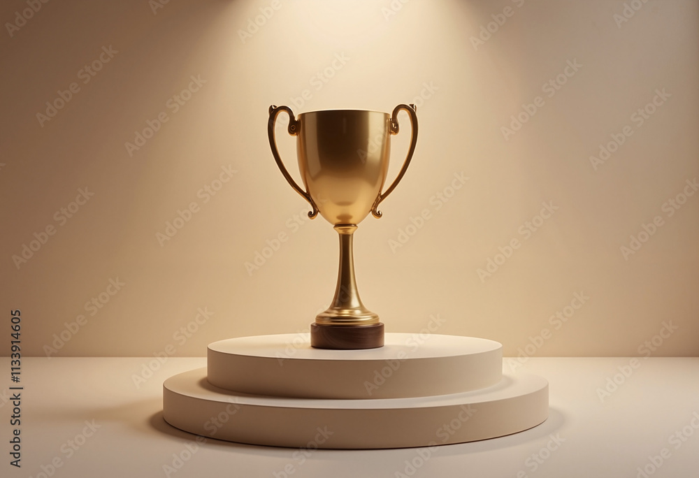 Golden trophy displayed on a spotlighted podium Golden trophy displayed on a spotlighted podium