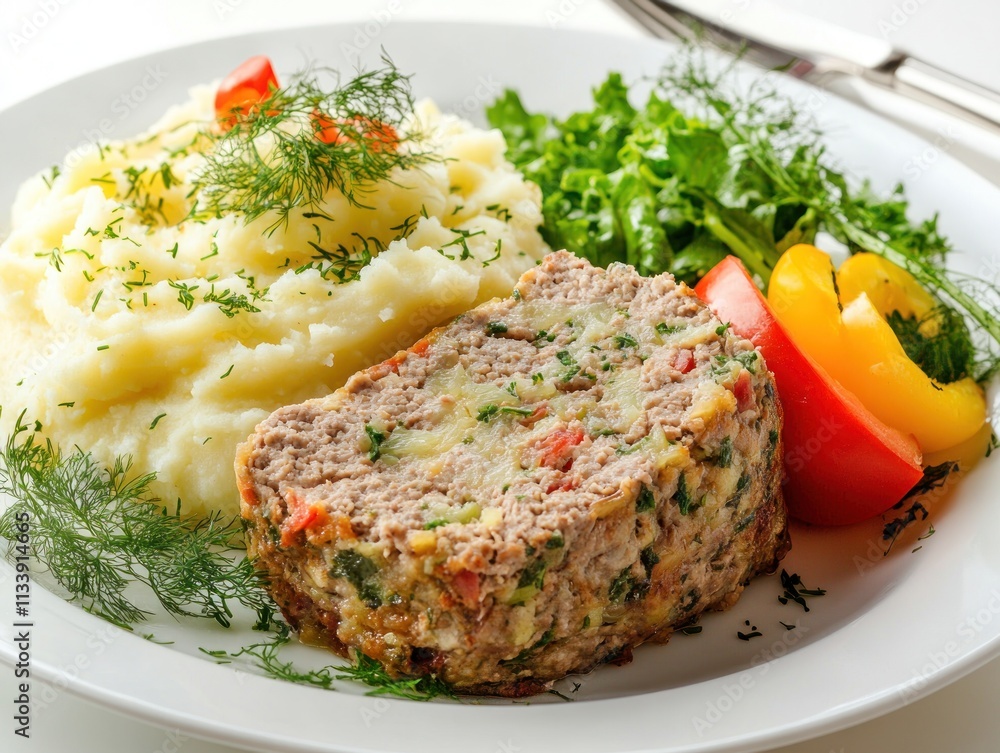 A plate featuring meatloaf, mashed potatoes, and fresh vegetables, ready for a meal. A plate featuring meatloaf, mashed potatoes, and fresh vegetables, ready for a meal.