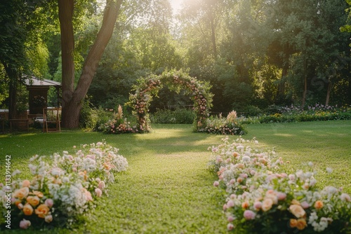 Spring wedding setup in garden, late afternoon light, floral arrangement details, with copy space photo