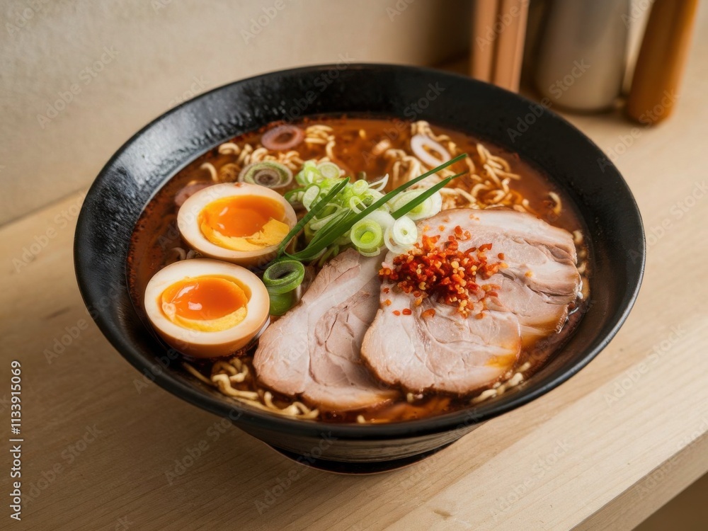 Delicious Bowl of Ramen with Pork, Soft-Boiled Eggs, and Spicy Toppings in Black Bowl Delicious Bowl of Ramen with Pork, Soft-Boiled Eggs, and Spicy Toppings in Black Bowl