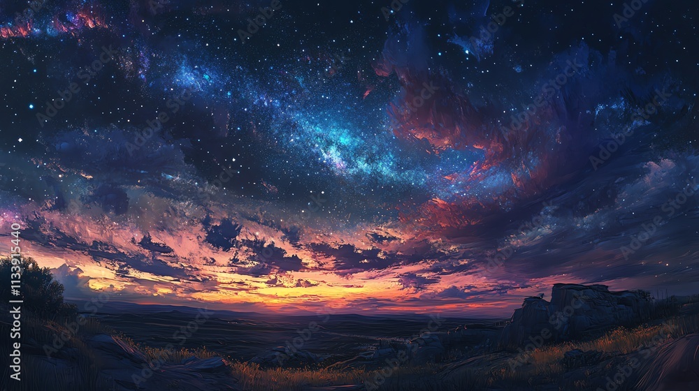 Stunning night sky filled with stars and colorful clouds at sunset. Stunning night sky filled with stars and colorful clouds at sunset.