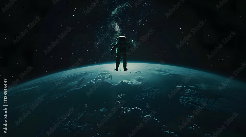 Fototapeta premium Astronaut Floating in Space, Symmetrical Earth Orbit View, Dark Background Cinematic Composition, Minimalist Low Contrast Ultra Quality.