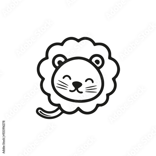 Cute lion head cartoon illustration drawn in minimalist black and white line art style, symbolizing happiness and friendliness. Perfect for children’s books, logo design, or playful stationery.