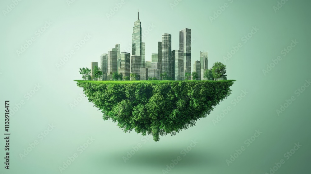 A futuristic cityscape floats above a lush green landscape, symbolizing harmony between urban life and nature. A futuristic cityscape floats above a lush green landscape, symbolizing harmony between urban life and nature.