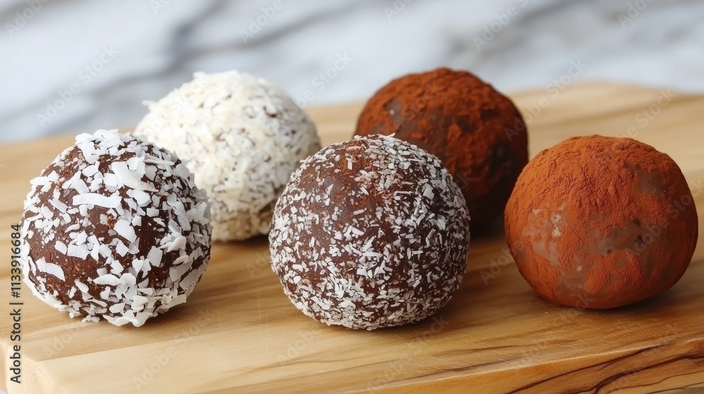 A variety of energy balls coated in different toppings on a wooden surface. A variety of energy balls coated in different toppings on a wooden surface.