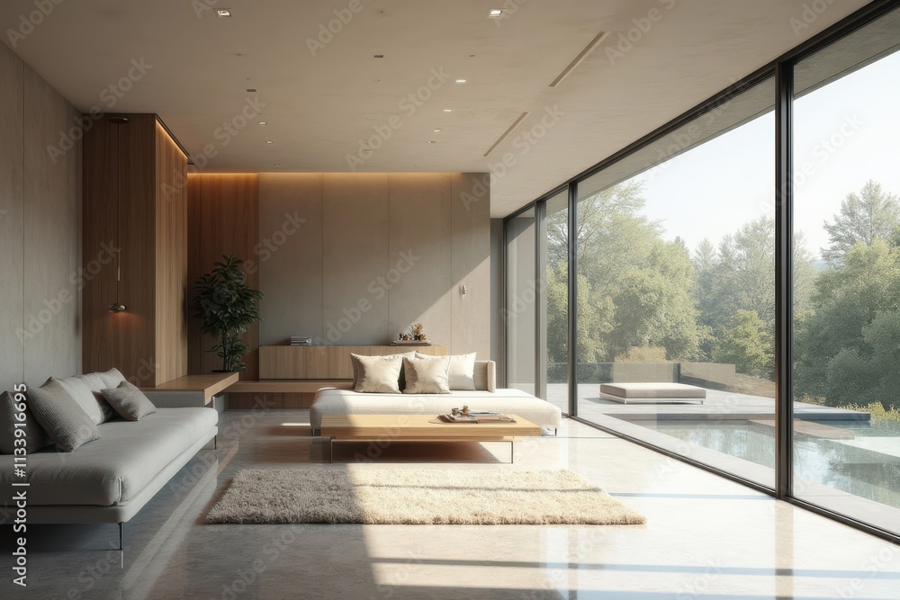 Modern Minimalist Living Room with Large Windows and Green View Modern Minimalist Living Room with Large Windows and Green View