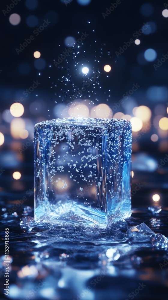 A single ice cube with bubbles and water droplets on a dark blue background with bokeh lights. A single ice cube with bubbles and water droplets on a dark blue background with bokeh lights.