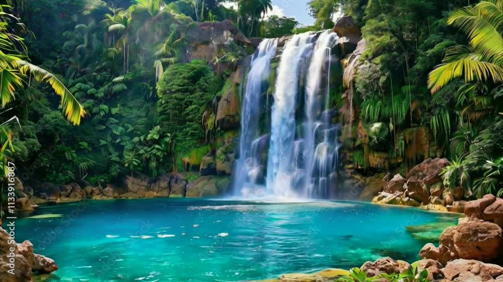 A waterfall cascading into a turquoise pool, surrounded by lush green plants and trees A waterfall cascading into a turquoise pool, surrounded by lush green plants and trees