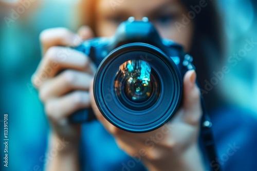 A person is holding a camera with a lens that is black and blue