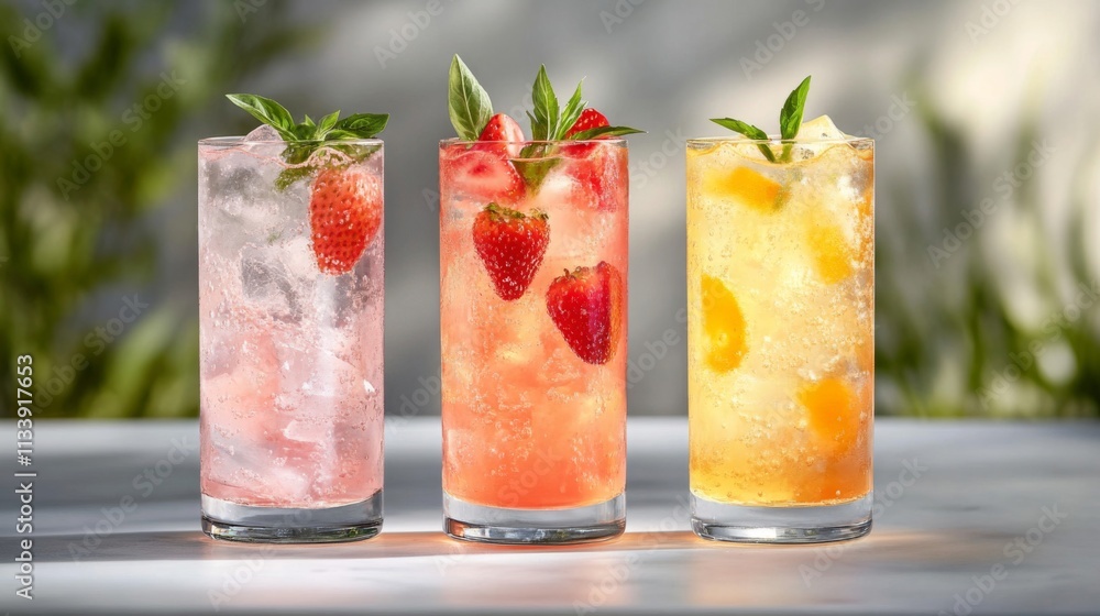 Three Tall Glasses of Refreshing Summer Drinks with Fruit Garnishes Three Tall Glasses of Refreshing Summer Drinks with Fruit Garnishes
