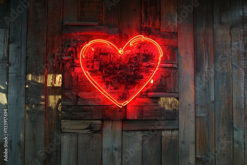 neon heart sign on wooden background