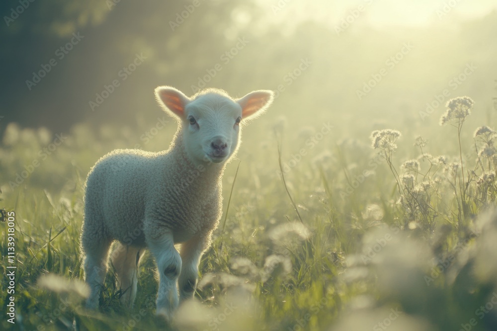 Young lamb in green pasture, morning mist and sunlight, wool texture details, with copy space Young lamb in green pasture, morning mist and sunlight, wool texture details, with copy space