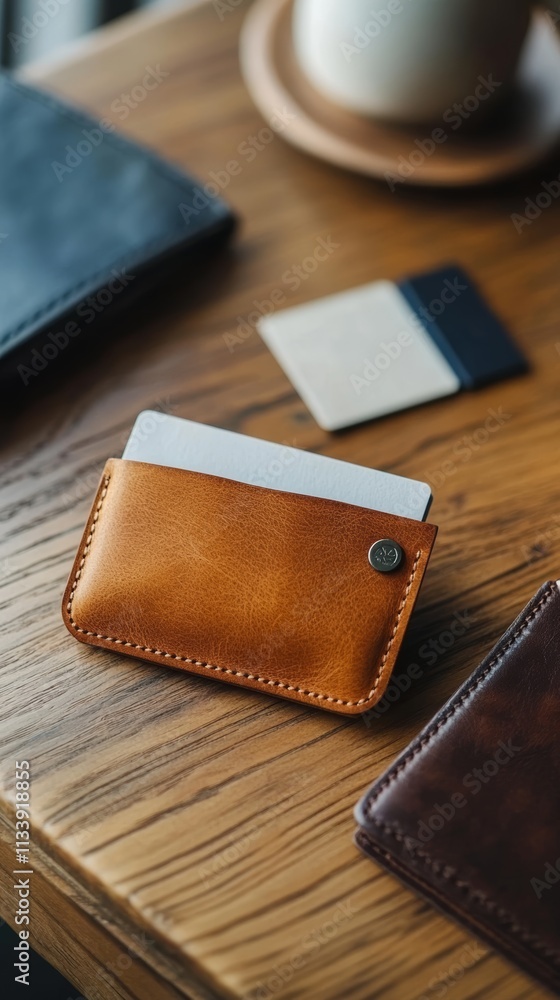 A tan leather card holder on a wooden table with a white card inside, surrounded by other leather goods. A tan leather card holder on a wooden table with a white card inside, surrounded by other leather goods.