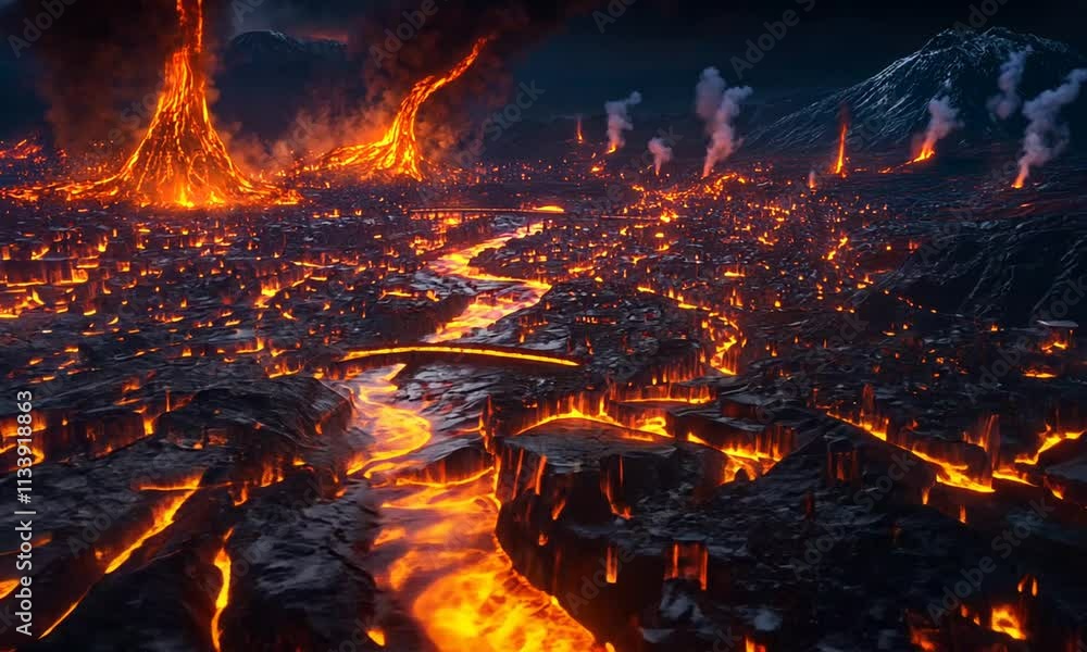A dramatic scene depicting a volcanic eruption over a city, with flowing lava and smoke. A dramatic scene depicting a volcanic eruption over a city, with flowing lava and smoke.