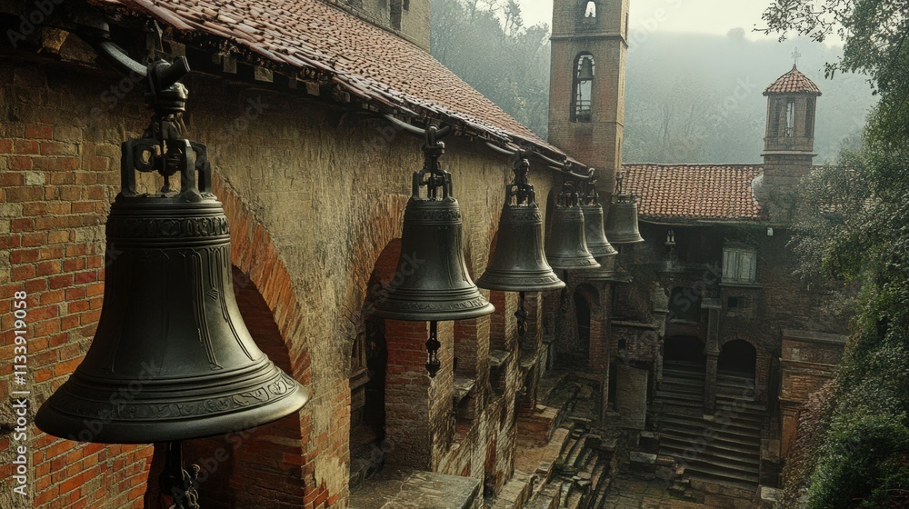 Obraz premium Ancient Bells Hanging on Brick Monastery Wall