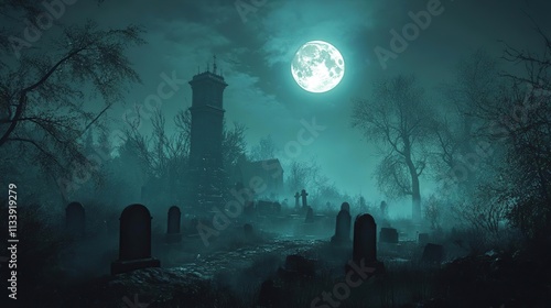 arafed cemetery with a full moon in the background photo