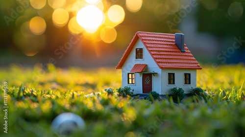 Wallpaper Mural Home and Life Concept - Small Model Home on Green Grass with Sunlight Abstract Background Torontodigital.ca