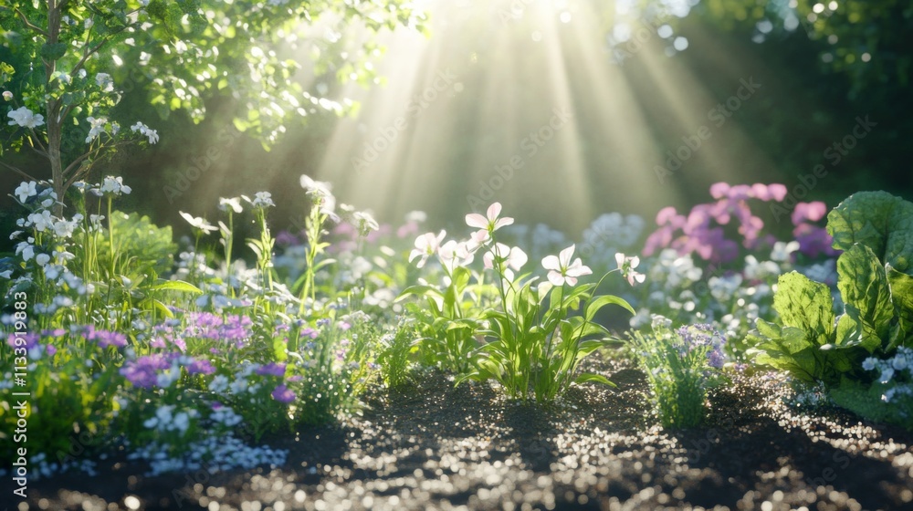 Obraz premium Sunbeams illuminating a vibrant wildflower meadow