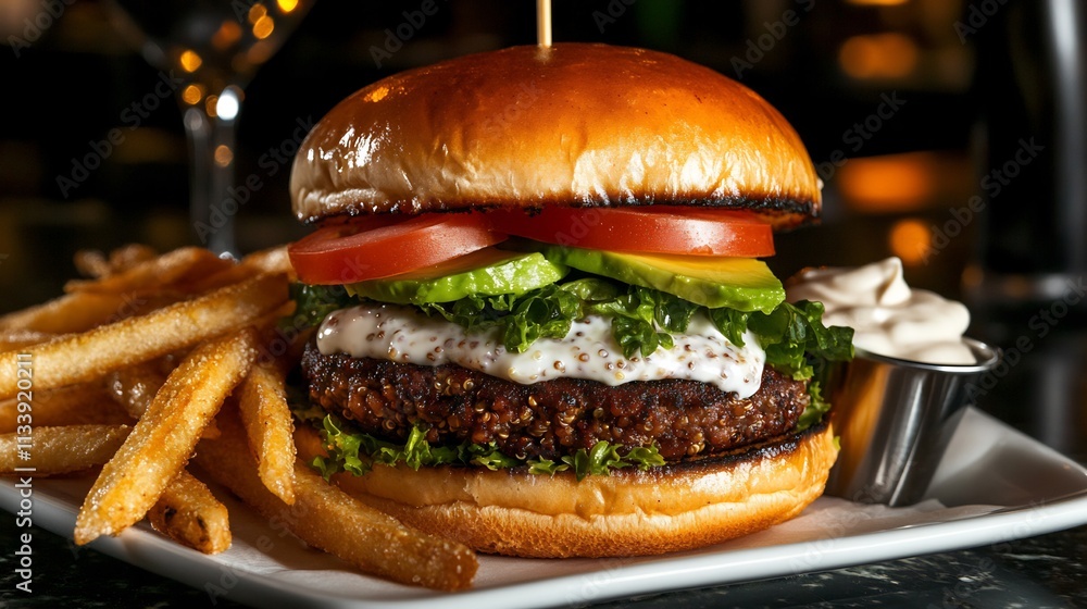 Gourmet Quinoa Burger with Avocado and Fries Gourmet Quinoa Burger with Avocado and Fries