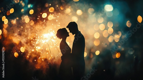 A romantic sparkler moment with a couple silhouetted against blurred fireworks exploding in the distance