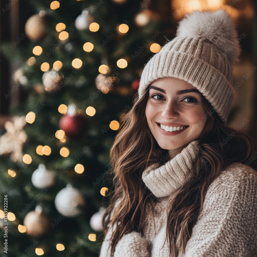 smiling woman in cozy winter attire by a decorated christmas tree smiling woman in cozy winter attire by a decorated christmas tree