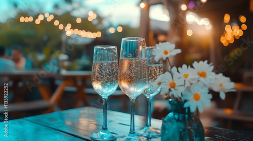 Fototapeta Naklejka Na Ścianę i Meble -  Three champagne flutes on a patio table with daisies, blurred background.