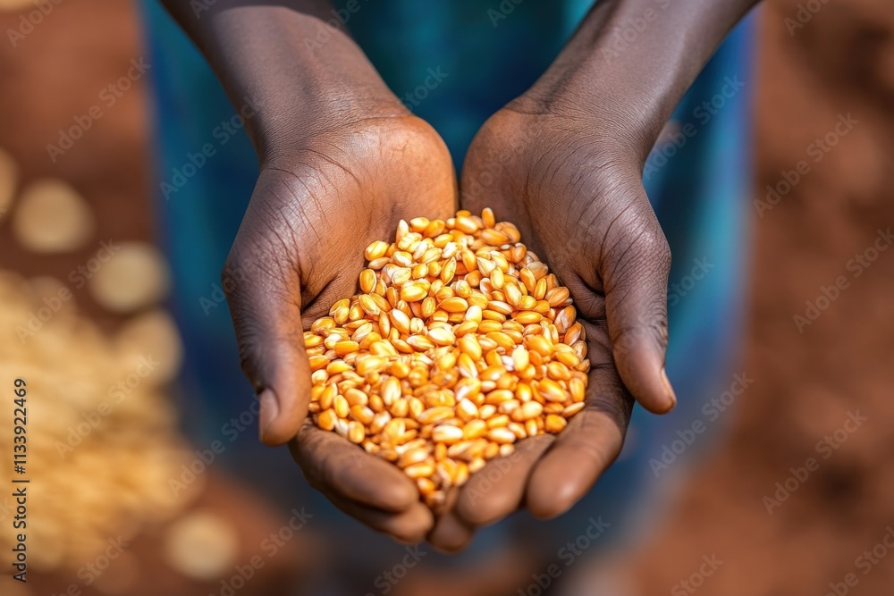 Freshly Harvested Paddy Grains Held in Hands Against a Blurred Farming Backdrop with Natural Lighting in a Raw Artistic Style Freshly Harvested Paddy Grains Held in Hands Against a Blurred Farming Backdrop with Natural Lighting in a Raw Artistic Style