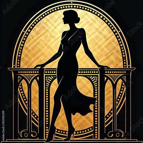 Art Deco flapper silhouette with golden circular motif

