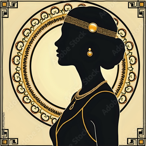 Art Deco woman profile with golden jewelry against geometric pattern