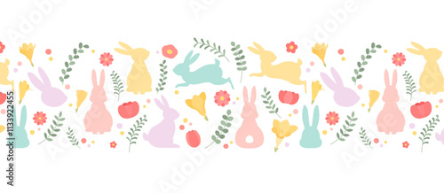 イースターパターンベクターイラスト シームレス ウサギ 春 白背景 かわいい パステルカラー うさぎ