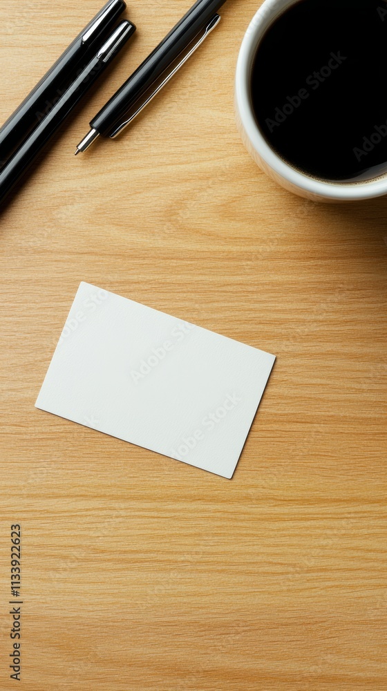 Blank business card mockup on a wooden desk with pens and coffee. Blank business card mockup on a wooden desk with pens and coffee.