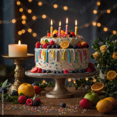 Create an image of a beautifully decorated birthday cake placed on an elegant stand. 