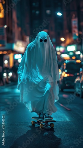 arafed ghost riding a skateboard down a city street at night photo