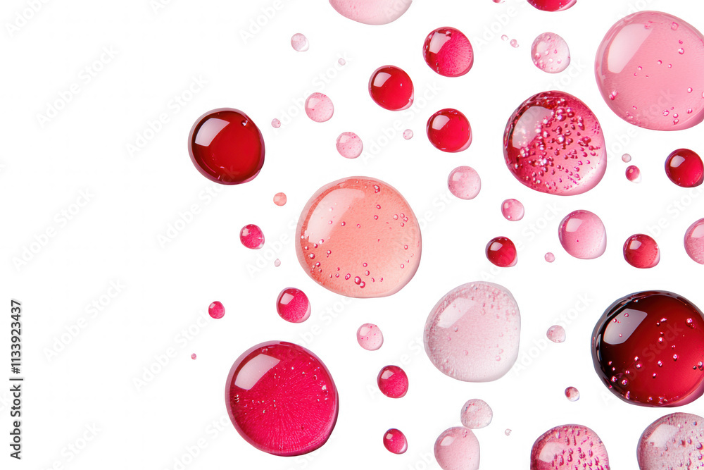 Droplets of various shades of red and pink float in a transparent space, creating a visually striking arrangement. The reflections and refractions of light add depth and interest to the composition. Droplets of various shades of red and pink float in a transparent space, creating a visually striking arrangement. The reflections and refractions of light add depth and interest to the composition.